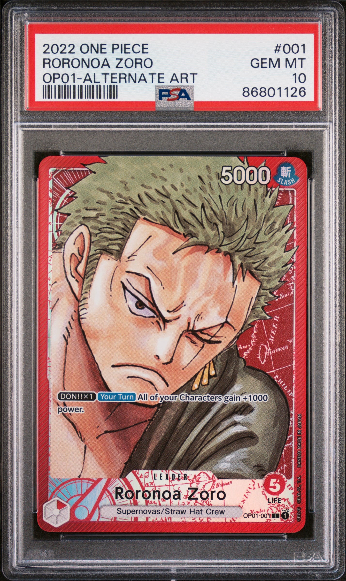 2022 One Piece OP01 Romance Dawn #001 Roronoa Zoro – Alternate Art – PSA 10 (English)