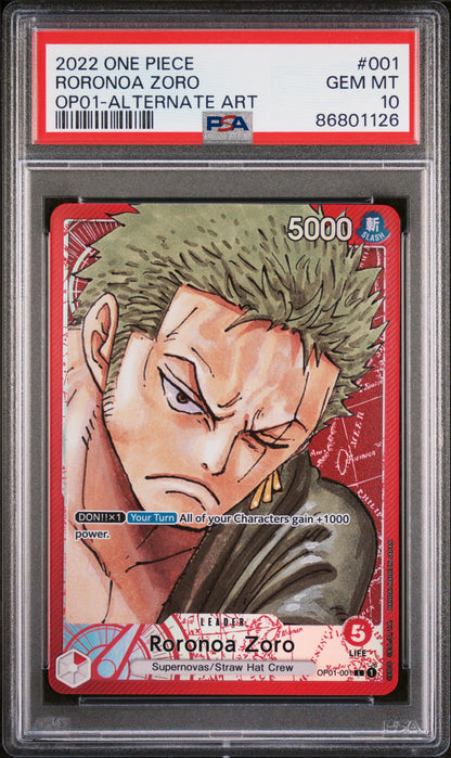 2022 One Piece OP01 Romance Dawn #001 Roronoa Zoro – Alternate Art – PSA 10 (English)