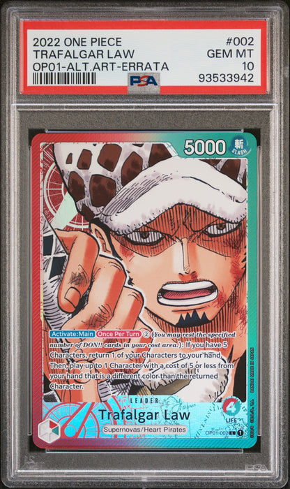 2022 One Piece OP01 – Romance Dawn #002 Trafalgar Law (Alternate Art – Errata) – PSA 10 (English)