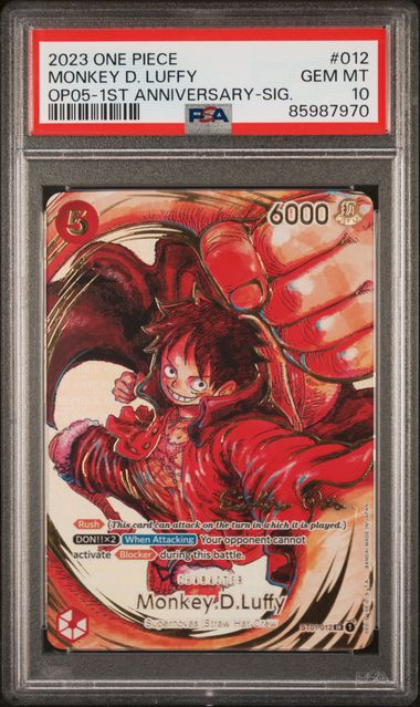 2023 ONE PIECE OP05-AWAKENING OF THE NEW ERA #012 MONKEY D. LUFFY 1ST ANNIVERSARY-SIGNATURE - PSA 10