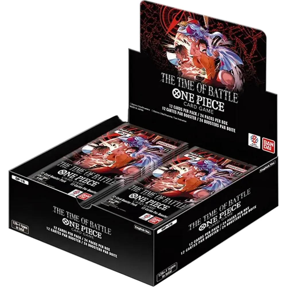 Display box of 'One Piece' card game packs with character artwork on a white background