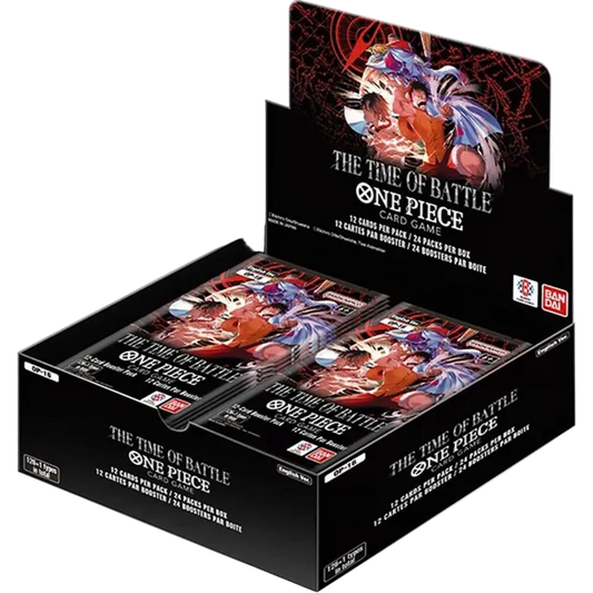 Display box of 'One Piece' card game packs with character artwork on a white background