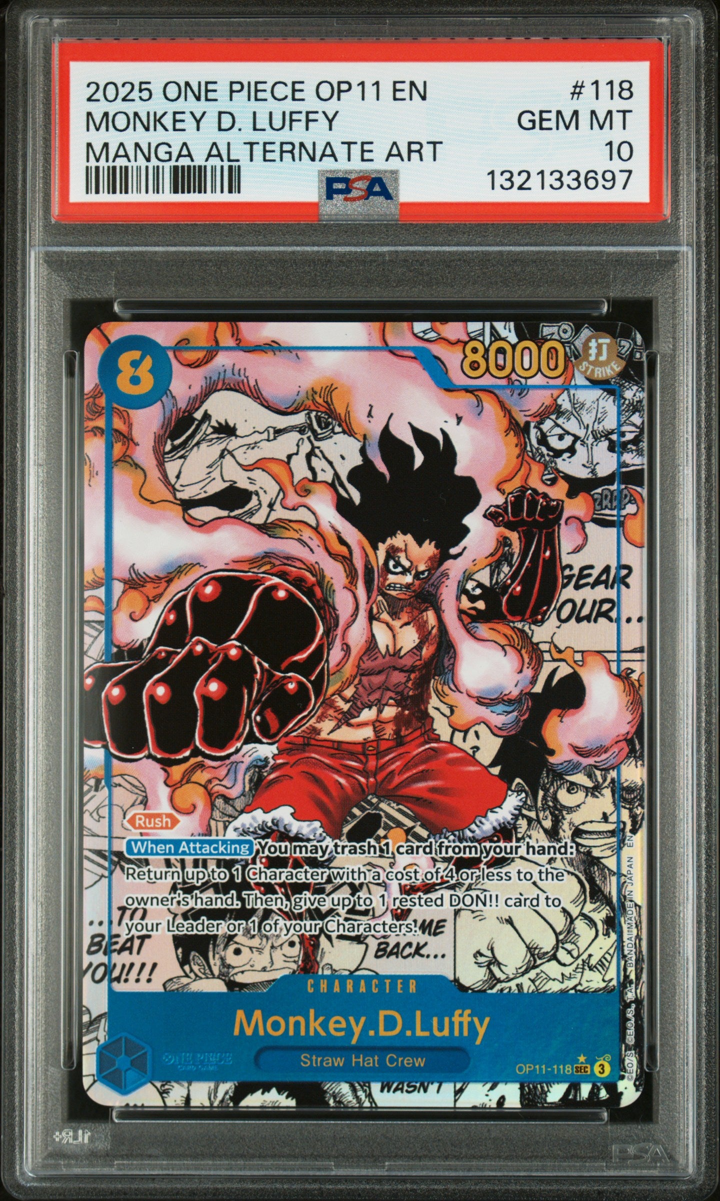2025 One Piece OP11 A Fist of Divine Speed #118 Monkey D. Luffy – Manga Alternate Art – PSA 10 (English)