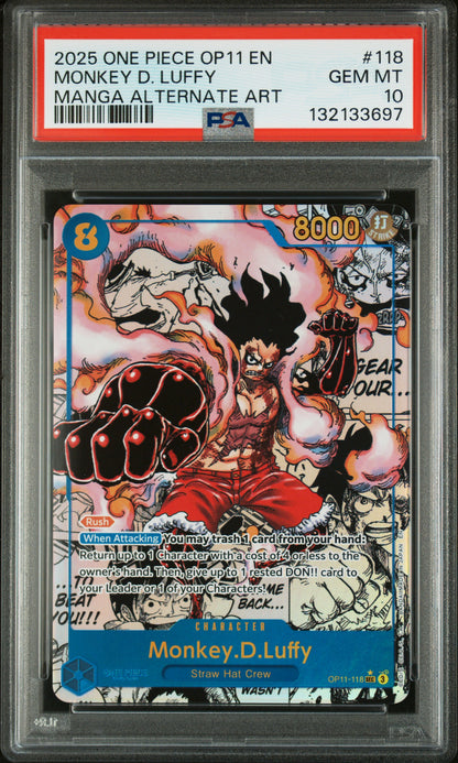 2025 One Piece OP11 A Fist of Divine Speed #118 Monkey D. Luffy – Manga Alternate Art – PSA 10 (English)
