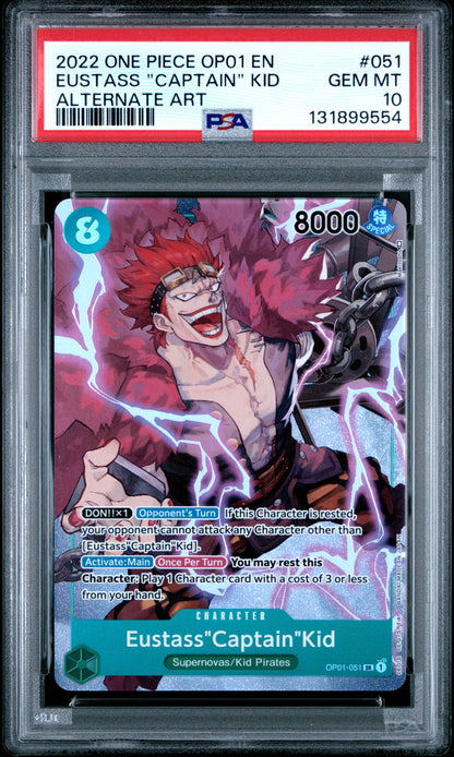 2022 One Piece OP01 Romance Dawn #051 – Eustass "Captain" Kid (Alternate Art – Pre-Errata) – PSA 10 (English)