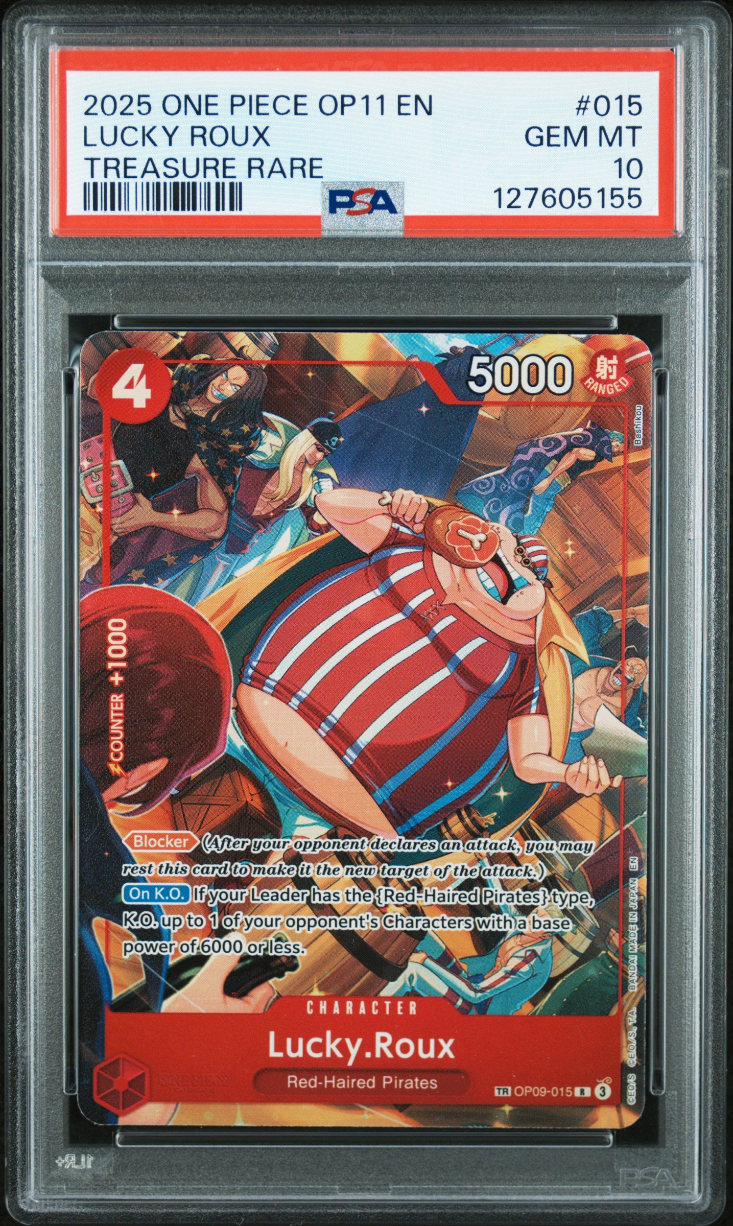 2025 One Piece OP11 – A Fist of Divine Speed #015 Lucky Roux (Treasure Rare) – PSA 10 (English)