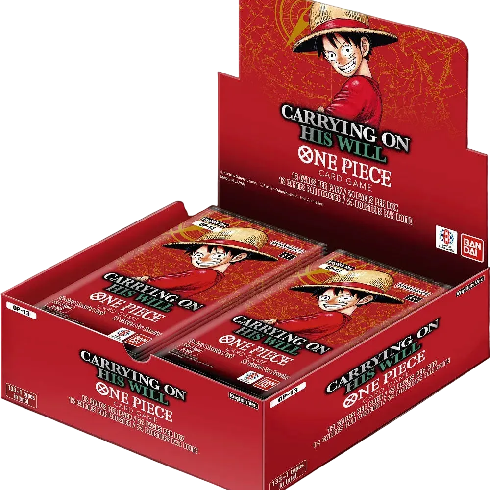 A red One Piece card game display box containing multiple sealed booster packs, with the character Luffy prominently printed on the packaging against a black background.