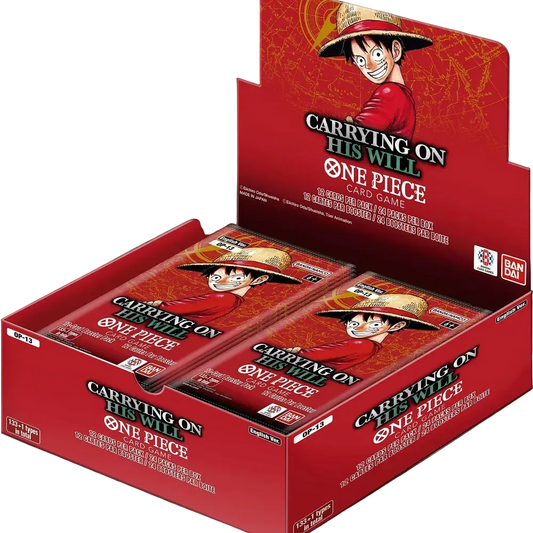 A red One Piece card game display box containing multiple sealed booster packs, with the character Luffy prominently printed on the packaging against a black background.