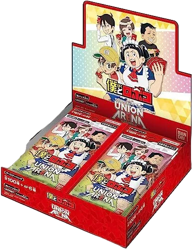 A booster box of Union Arena Trading Card Game featuring anime-style characters, predominantly in a Japanese setting.