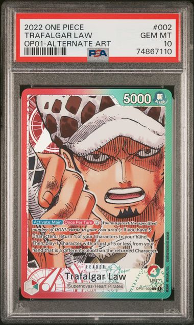 2022 One Piece OP01 – Romance Dawn #002 Trafalgar Law (Alternate Art – Pre-Errata) – PSA 10 (English)